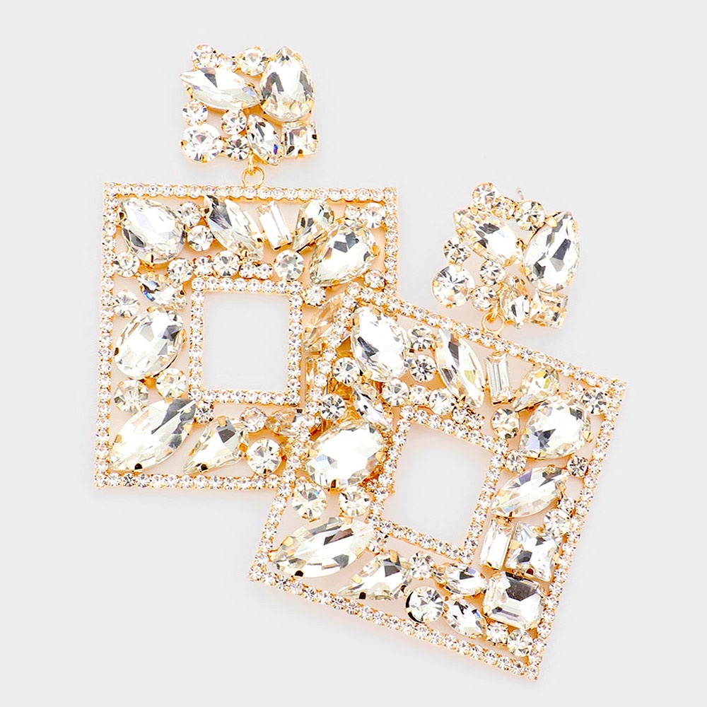 Glamorous Gold Diamond Square Statement Earrings